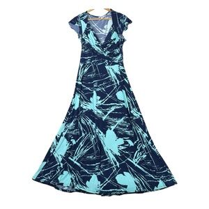 Leota Dress Women Size XL Wrap Cap Sleeve Fit Flare Floral Wrap Maxi Blue